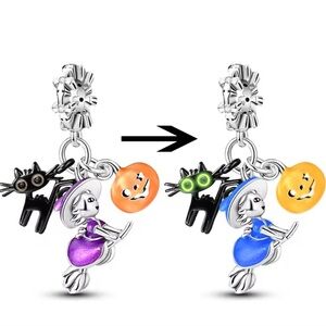 NWOT Witch On Broomstick Cat Pumpkin Halloween Dangle Charm Sterling Silver 925